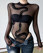 Flocked Snake Print Sexy See-through Mesh Stretch Long Sleeve Bodysuits